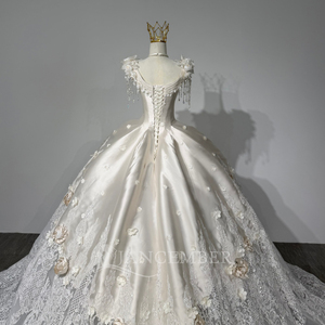Robe de mariée longue moderne JFH134 avec col carré à pompons, broderies, dentelle, appliques en cristal, fleurs 3D et traîne chapelle - Product Image 6