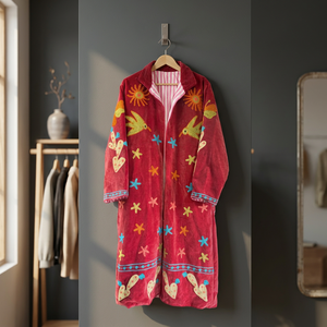 Vente en gros de manteaux longs en velours vert olive faits à la main avec des motifs sacrés, de l'amour, de oiseaux, du soleil, de cactus et d'étoiles - Product Image 1