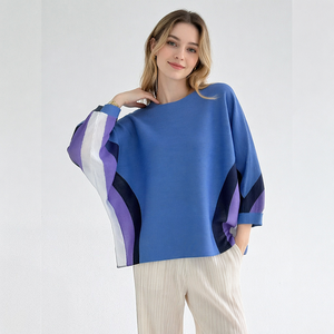 Pengiriman Cepat Kasual Warna-Blok Patchwork Poliester Terstruktur Lengan Kelelawar Musim Gugur Wanita Modis 2026 Gaya Miyake - Product Image 1