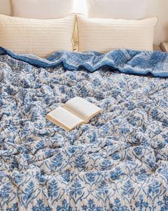 <b>Blue</b> White Cotton Quilt Hand Block Print Reversible <b>King</b> Queen <b>Bedding</b> Boho Bedspread Coverlet - Product Image 2