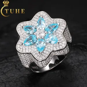 Moissanite Star Of David Ring 925 Sterling Silver VVS Mossanite Diamond Pear Cut Blue Gemstone Wedding Jewelry Gift Engagement