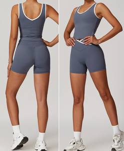 로우 모크 커스텀 로고 체육복 세트 브라 + 쇼트 2 피스 크로스 웨이스트 U 백 조끼 퀵 드라이 소프트 체육관 댄스 조거 피트니스 요가 세트 - Product Image 3
