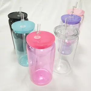 RTS彩色果冻16盎司儿童亚克力带盖和吸管透明塑料杯形饮料，适用于紫外线DTF包装