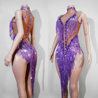 Justaucorps Disco Diva violet électrique à franges de strass pour spectacle de Samba, performance scénique, costume de star pop, Drag Queen, Showgirl