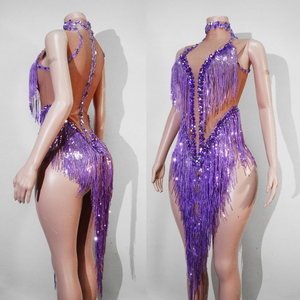 Traje de Leotardo con Flecos de Diamantes de Imitación en Color Morado Eléctrico para Fiesta de Samba, Actuación en Escenario, Estrella del Pop, Drag <span class=keywords><strong>Queen</strong></span>, Showgirl - Product Image 5
