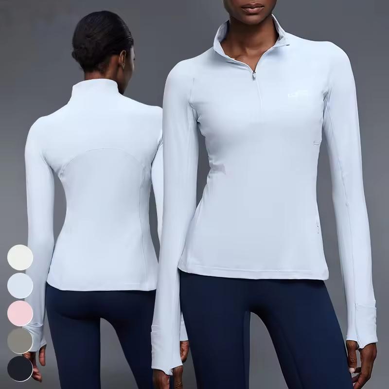 Slim-fit Breathable Solid Fitness Top Front Stand-up Collar Half-zip Design Thumbhole Long Yoga/fitness Reversible Eco-Friendly