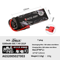 Baterai Mobil RC ACE 5200mAh 2S1P 7.4V 50C, Konektor XT60 Long-Case untuk Mobil Mainan Off-road