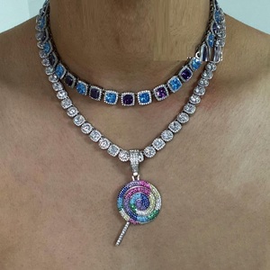 Charmant vert violet rose arc-en-ciel CZ <span class=keywords><strong>sucette</strong></span> pendentif Tennis chaîne <span class=keywords><strong>collier</strong></span> 16 "18" glacé gros sucre femmes bijoux - Product Image 1