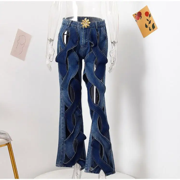 Fashion Street Wear New Unique Cross Style Hollow Out Flare Washable Jeans Personalized Retro Casual Denim Pant