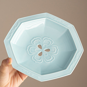 Plateau de drainage en céramique à huit côtés, design lotus, assiette à fruits en porcelaine, style zen chinois, plat à thé et à collations - Product Image 3