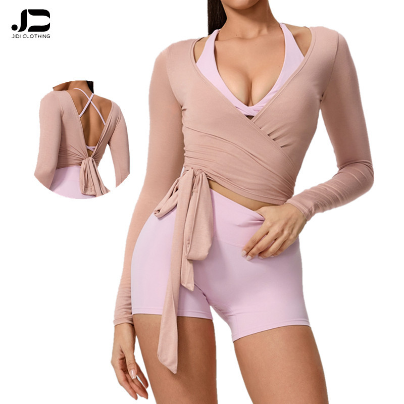 New Style Long Sleeve Yoga Suit V-neck Wrap Strap Breathable Yoga Top Pilates Advanced Sense Fitness Blouse Sports Blouse