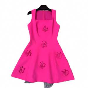 Abito Estivo Senza Maniche con Colletto Quadrato, Applicazioni Tridimensionali, Gonna a Forma di A in Rosso Rosa, <span class=keywords><strong>Casual</strong></span> da Donna - Product Image 1