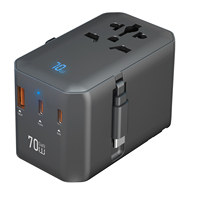 PD70W GAN Prise Internationale Adaptateur de Voyage Universel Chargeur Rapide Téléphone Mobile avec Câble Rétractable de Type C