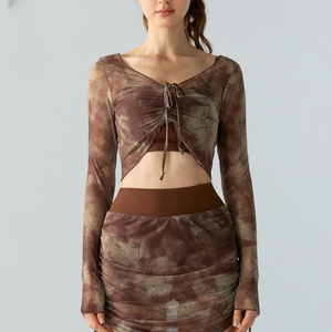 Nouveau à la mode femmes Gym Fitness <span class=keywords><strong>Crop</strong></span> hauts à manches longues impression maille Yoga hauts en plein air décontracté chaîne couvrir vêtements de sport - Product Image 5
