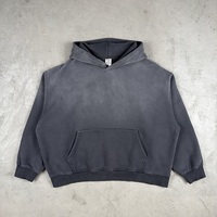 Hoodie Kustom Berkualitas Tinggi Bahan Tebal Model Boxy, Cuci Semprot Monkey Wash, Warna Abu-Abu Tua Vintage, Streetwear Distressed, Sweatshirt Berkerudung Pria