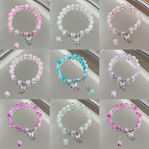 Bracelet en perles de cristal de verre craquelé pour femme et fille, breloque papillon, bracelets d'amitié de couleur dégradée pour fille et femme, vente en gros - Product Image 2