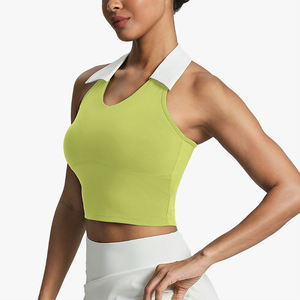 Top deportivo para mujer con cuello polo, estilo halter, bloques de color, a prueba de golpes, con efecto push-up, sin espalda, para yoga, fitness, running, tenis, ajuste ceñido - Product Image 5
