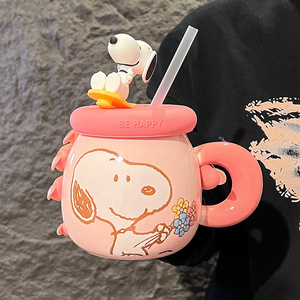 Mug à café en céramique mignon avec couvercle et paille, motif <span class=keywords><strong>Snoopy</strong></span>, capacité 500 ml, idéal pour un cadeau - Product Image 5