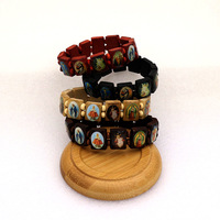 Bracelet personnalisable en bois extensible avec breloque catholique, design croix plaqué argent antique, perles de chapelet colorées