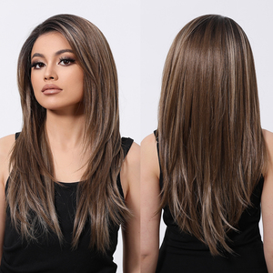 13x6 HD U Lace Perruque Synthétique Future Fibre Longue Ligne Droite Vague de Corps Naturel Brun Foncé Rayures Blanc Réel Photo Vidéo - Product Image 1