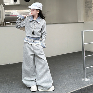 Ensemble Sportif 2 Pièces <span class=keywords><strong>Fille</strong></span> Automne 2026 : Sweat-shirt Gris Clair Bleu à Col Rabattu en Dentelle + <span class=keywords><strong>Pantalon</strong></span> Large - Product Image 1