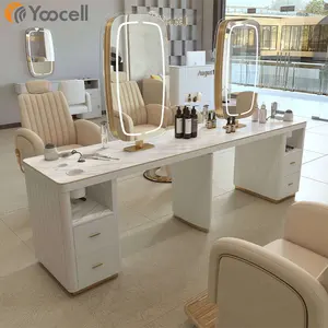 Yoocell تصميم جديد كريم صالون تجميل الشعر أثاث مزدوج الوجهين مرآة ضوء محطات صالون الحلاقة
