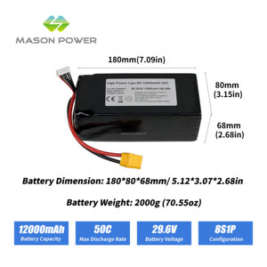 Batterie personnalisée MASON 29,6V 12000mAh 8S5P 10C avec 800 cycles pour drones industriels VTOL et équipements lourds - Product Image 3