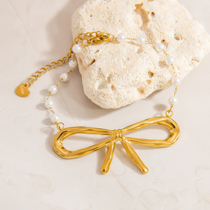 Stainless Steel Pearl <b>Bracelet</b> <b>Set</b> With Gold Tone Bowknot Necklace For Women Everyday Wear Freshwater Pearl Jewelry <b>Set</b> - Product Image 3