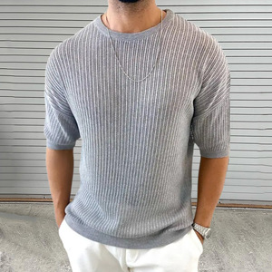 T-shirt en tricot pour homme, blanc uni, manches courtes, col rond, haut décontracté, vêtements pour jeunes - Product Image 4