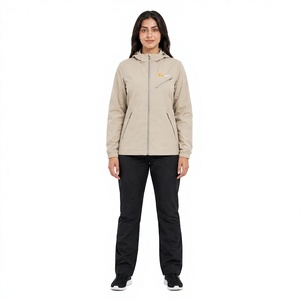 Chaqueta Impermeable Acolchada con Capucha y Cremallera para Mujer, Color Beige, Resistente al Viento, con Bolsillos, Manga Larga, Largo Regular, para Invierno - Product Image 1
