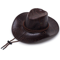 Sombrero de vaquero de cuero personalizado al por mayor, sombrero de Sol de ala ancha de estilo occidental con protección UV para montar al aire libre, fiesta de viaje