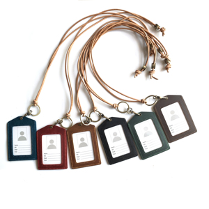 Porte-badge en cuir véritable avec fenêtre transparente et cordon, porte-carte d'identité en cuir Crazy Horse vintage pour le bureau et <span class=keywords><strong>l</strong></span>'école - Product Image 1