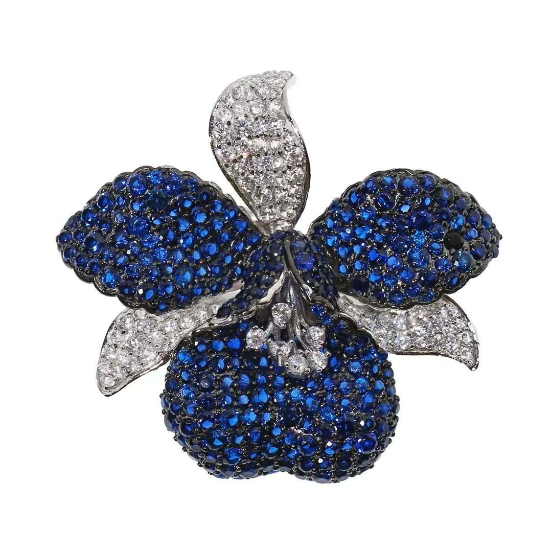 Pendientes de flor azul zafiro, broches, conjunto de joyería fina, pendientes de tuerca de plata de circón completo, broches para regalo de mujer