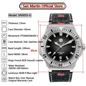Montre de luxe pour homme San Martin SN0055-G, montre de plongée vintage de haute qualité, automatique, mécanique, bracelet en cuir, saphir, 20 bars - Product Image 2