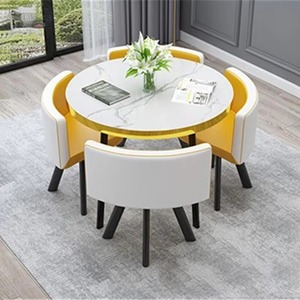 Table ronde moderne en MDF <span class=keywords><strong>de</strong></span> 25 mm, ensemble <span class=keywords><strong>de</strong></span> table à <span class=keywords><strong>manger</strong></span> <span class=keywords><strong>pas</strong></span> <span class=keywords><strong>cher</strong></span>, 1 table et <span class=keywords><strong>4</strong></span> chaises, base en métal pour boutique, centre commercial, maison, bar, hôtel, bureau - Product Image 4