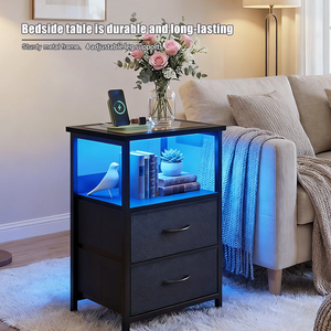 Glass Top Rectangular Fabric Black <strong>Side</strong> <strong>Table</strong> Hollow 2 <strong>Drawers</strong> With Socket LED Light 1PC - Product Image 1