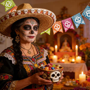 Bandera de Papel Cuadrada con Temática del Día de la <span class=keywords><strong>Muerte</strong></span> Mexicana para Fiesta de Carnaval, Festival de los Muertos, Colorida, Precio de Fábrica - Product Image 4