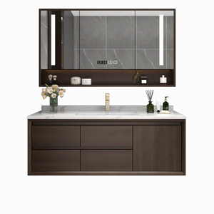 Elegante gabinete de baño negro con espejo inteligente, lavabo con encimera blanca y cuerpo de gabinete suspendido. - Product Image 2