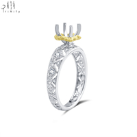 Nouveautés : Bague semi-montée artisanale en dentelle antique avec diamants naturels véritables, en or massif 18 carats blanc et jaune