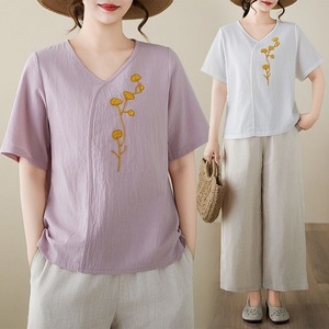 Cotton Linen Short Sleeve T-Shirt With Embroidery Loose Fit Women's Summer Top Yellow Orange Red White Purple Pink - Product Image 2