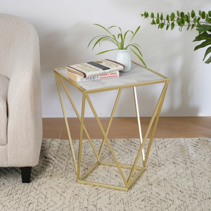 Glass Side <b>Table</b> Gold White Color Modern Geometric Design Living Room <b>Decor</b> - Product Image 5