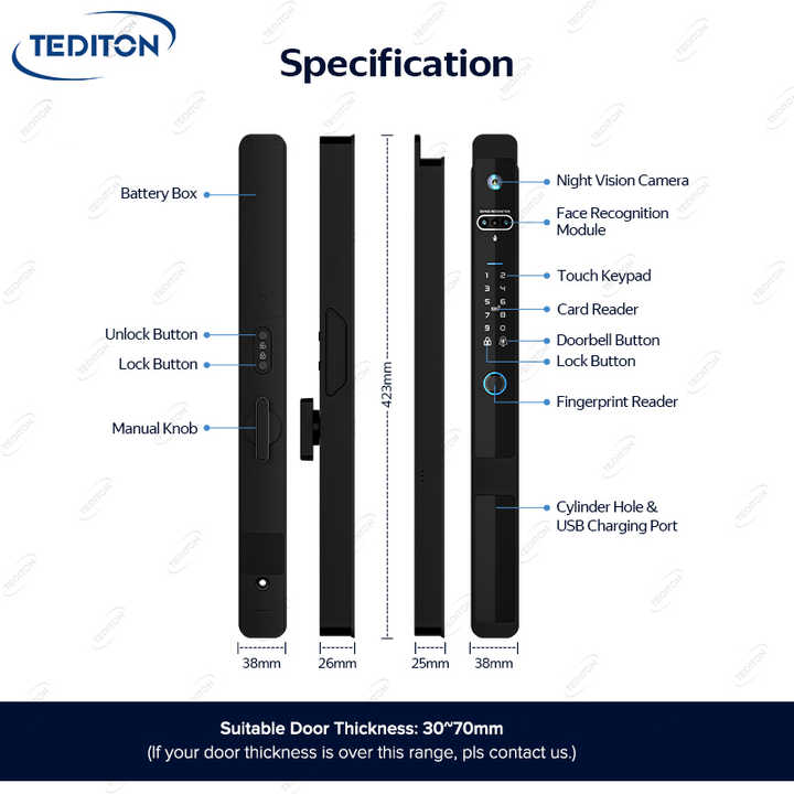 Tediton Waterproof Smart Aluminum Door Lock - Secure & Convenient