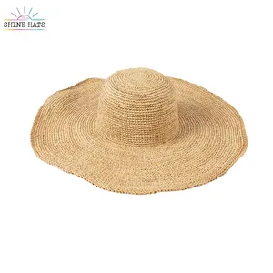 Shinehats CrochetRaffia Wide Brim Round Top Floppy Straw Hat Cut Brim Plain Custom Soft Beer Hats with straw Sun Hat For Women
