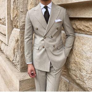 Herren High-End Naples Gestreifte Anzüge mit Faltenfront Business Slim Fit Set Reißverschluss Atmungsaktiv Spitzkragen Anzug - Product Image 3