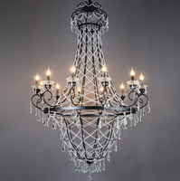 Lustre en fer noir de luxe léger avec couronne de fleurs en cristal, style européen, luminaires décoratifs pour salon, garantie 3 ans