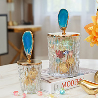 Pot de rangement en verre de luxe avec couvercle en tranche d'agate et poignée, récipient décoratif en cristal pour la maison et le bureau, usine OEM ODM