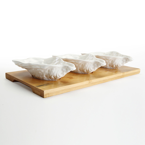 WEIYE 2025 nouveauté huître coquille forme fruits de mer <span class=keywords><strong>plateau</strong></span> assiette ensemble Base en bambou blanc porcelaine sauce de soja plat en céramique - Product Image 3