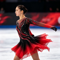 Costume de patinage artistique pour enfants et adultes, robe en maille à manches longues dégradé noir et rouge avec strass pour spectacle sur glace