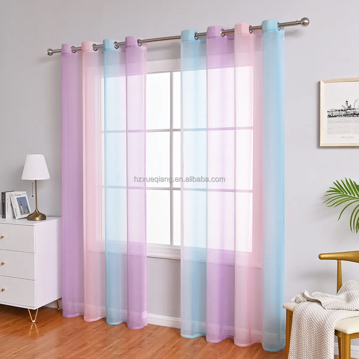 BDZN wholesale printed gradient rainbow multicolor tulle sheer curtains for the living room window treatment home decor
