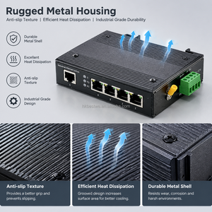 Switch Ethernet PoE industriel non géré 5 ports 10/100 Mbps, double alimentation, large plage de température, en alliage d'aluminium, montage sur rail DIN, IP40 - Product Image 6